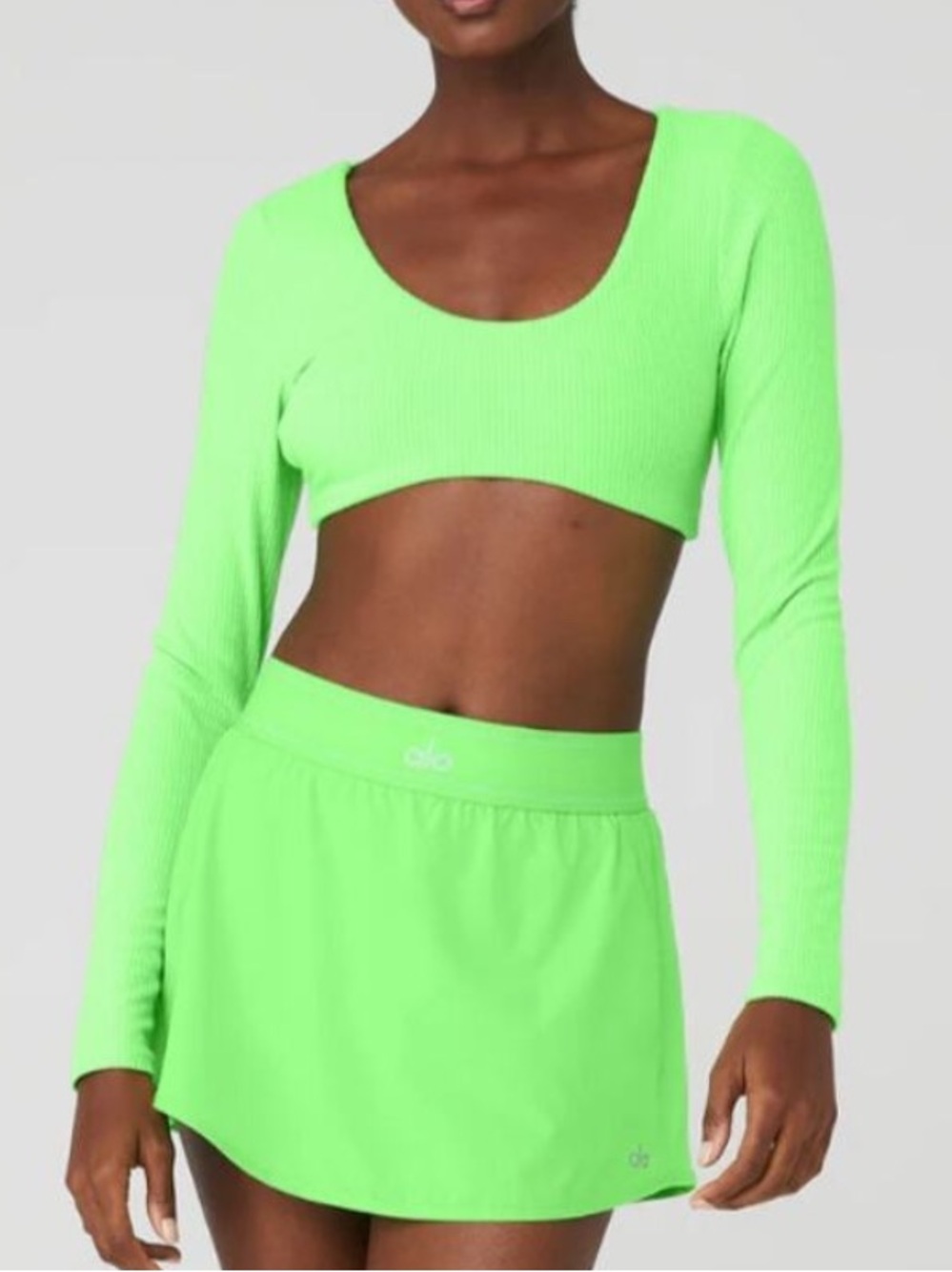 alo Yoga Ribbed Defined Long Sleeve Scoop Crop Top Neon Green